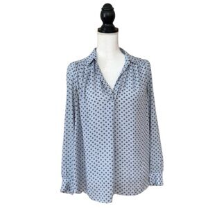 LOFT Blue Geometric Print Blouse Long Sleeve V Neck Popover Top Size Small